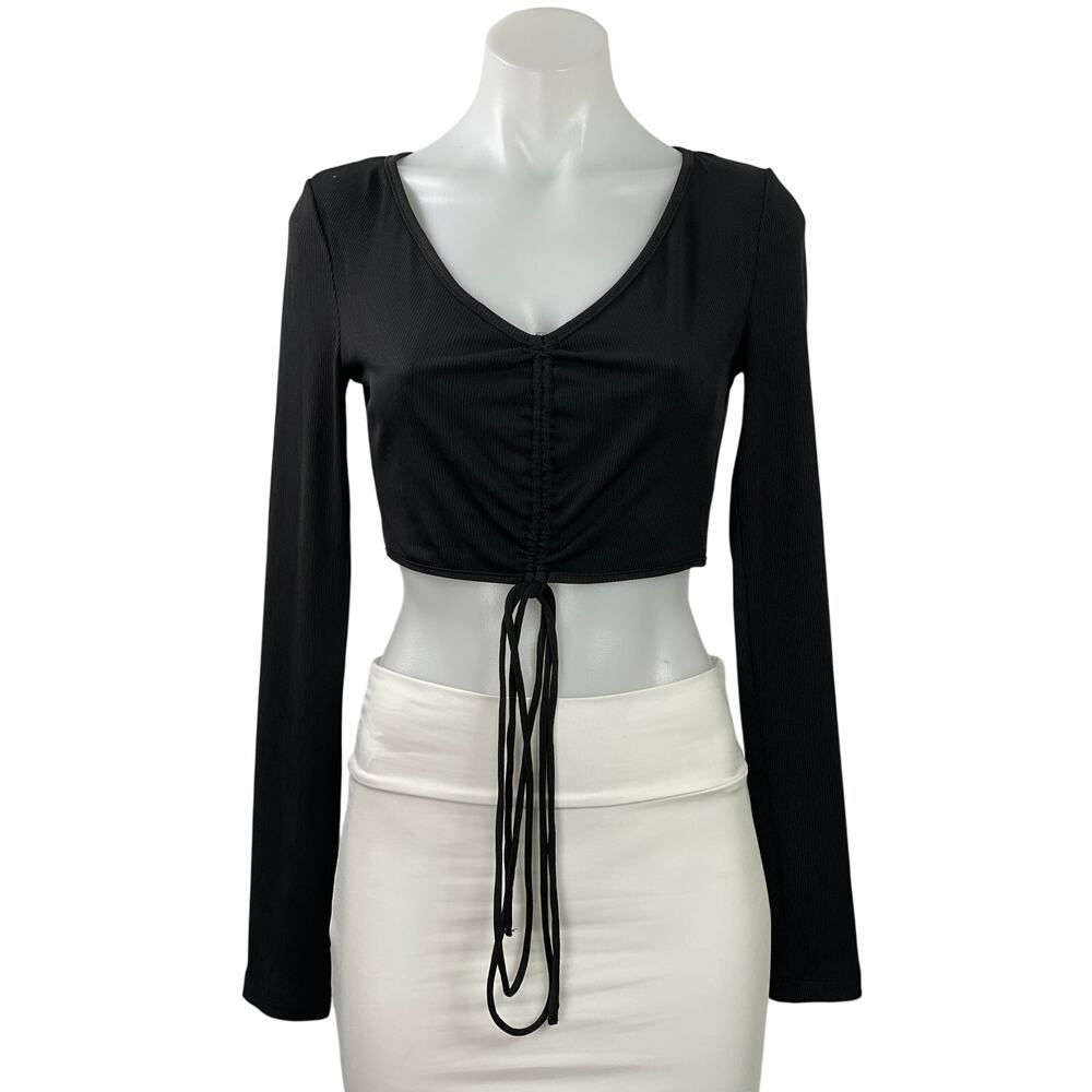Princess Polly Womens Black Ribbed Knit V Neck Long Sleeve Ruched Tie Crop Top 6